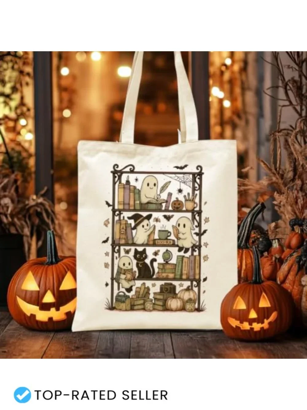 Halloween Book Lover Canvas Tote Bag Bookish Gift for Readers Black Cat Pumpkin